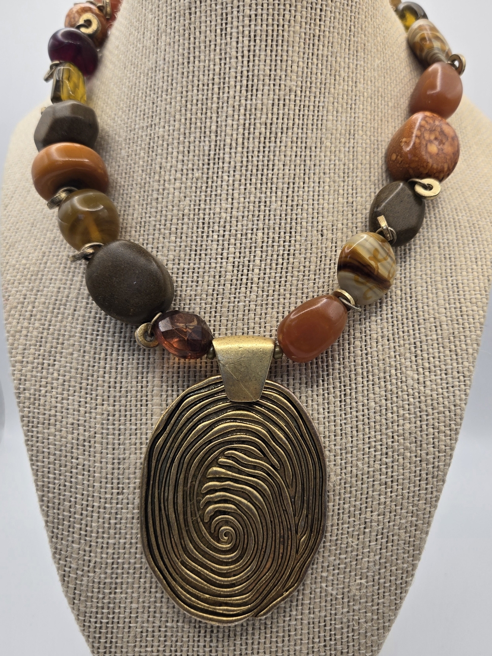 Vintage Chico's Brass Spiral Pendant Necklace Brown Orange Gold Beads READ**